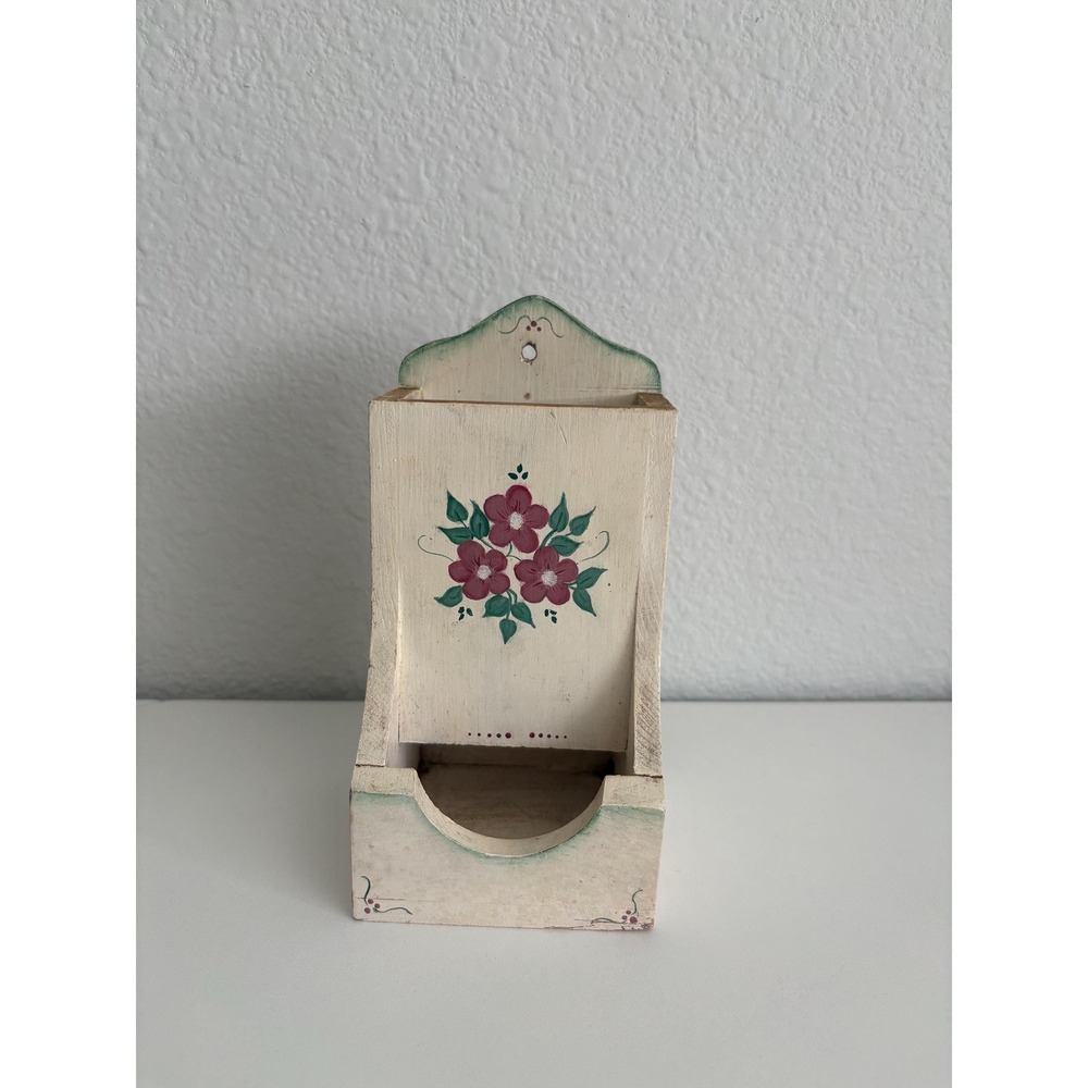 Vintage Wooden Matchbox Holder Hand Painted Floral